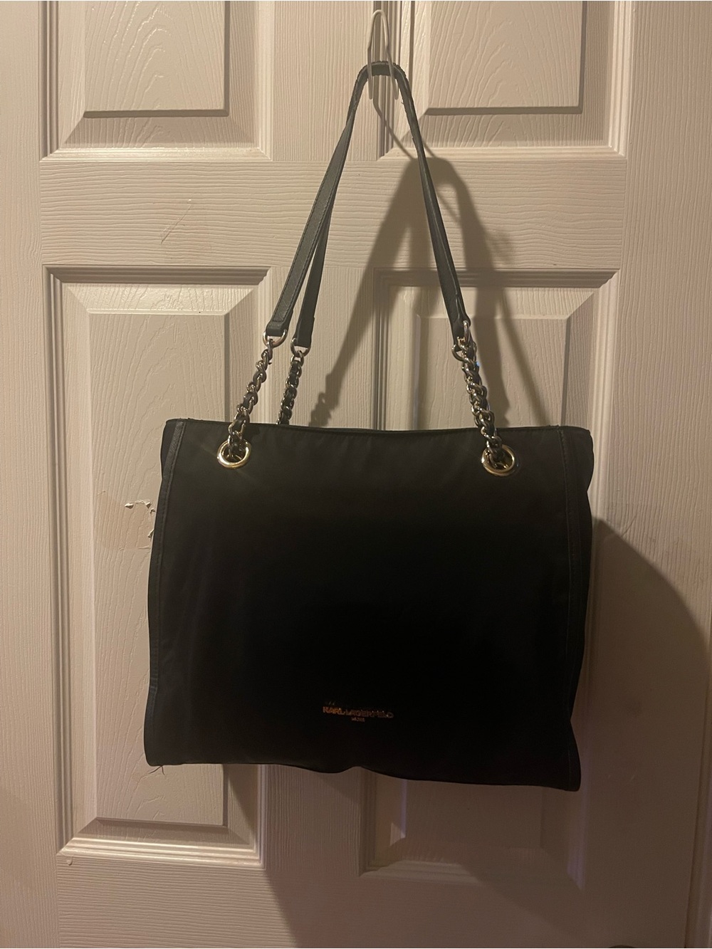 Karl Lagerfeld Paris Nylon Black large Tote with gold Chain-Accent Straps.